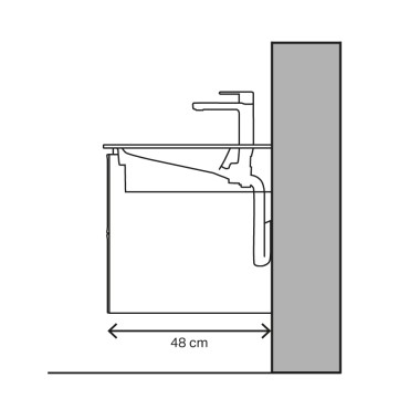 Izlietnes forma ar 48 cm projekciju un horizontālu noteku