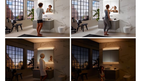 Dažādas apgaismojuma noskaņas vannas istabā ar Geberit ComfortLight apgaismojuma koncepciju (© Geberit) Dažādas apgaismojuma noskaņas vannas istabā ar Geberit ComfortLight apgaismojuma koncepciju (© Geberit)