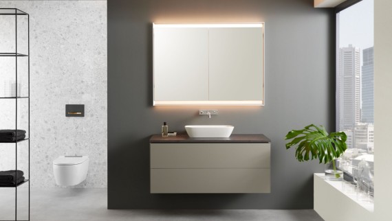 Geberit ONE izlietnes skapīši pelēkā krāsā ar piespiežamu atvēršanas mehānismu Geberit ONE izlietnes skapīši pelēkā krāsā ar piespiežamu atvēršanas mehānismu
