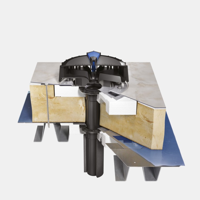 Laying of Geberit Pluvia on a lightweight roof, insulated with a roof foil and vapour barrier connection Laying of Geberit Pluvia on a lightweight roof, insulated with a roof foil and vapour barrier connection