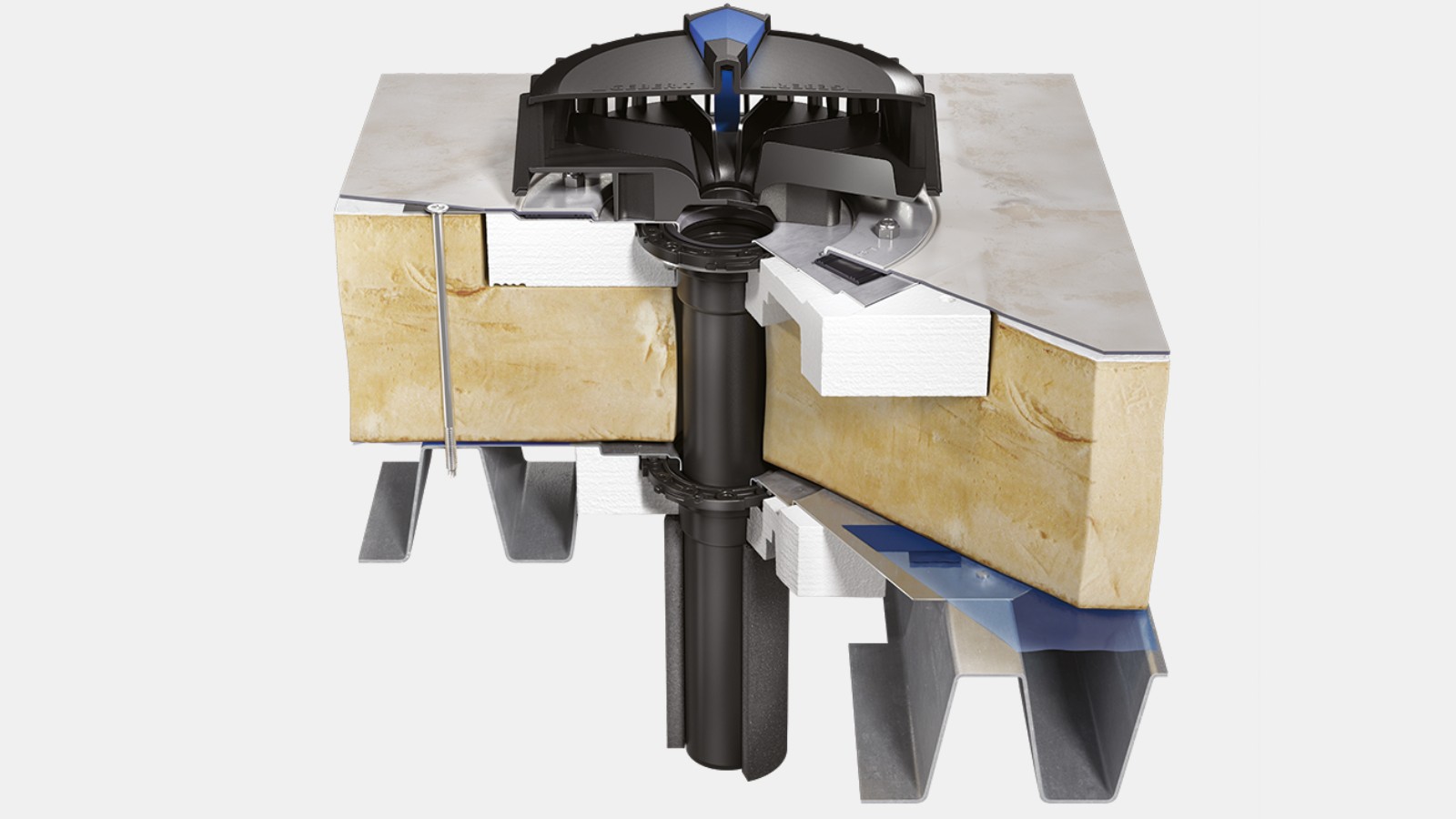 Geberit Pluvia ieplūdes sistēma uz termiskā jumta ar aizsprosta savienojumu un jumta hidroizolācijas plēvi ūdens novadīšanai