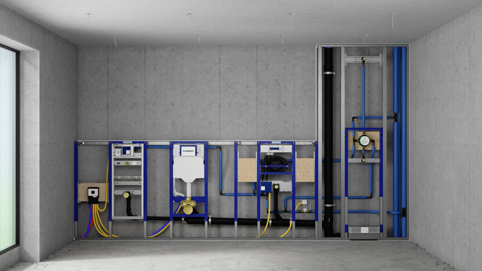 Montāžas siena ar Geberit Duofix elementiem pisuāram, WC, izlietnei un dušai