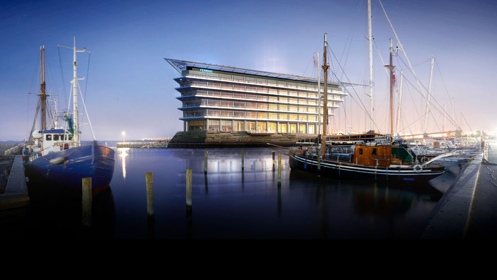 Ar skaistu skatu uz Ēresunda jūras vārtiem starp Kopenhāgenu un Malmi — jaunā Ferring Pharmaceuticals mītne. © Foster&Partners Ar skaistu skatu uz Ēresunda jūras vārtiem starp Kopenhāgenu un Malmi — jaunā Ferring Pharmaceuticals mītne. © Foster&Partners