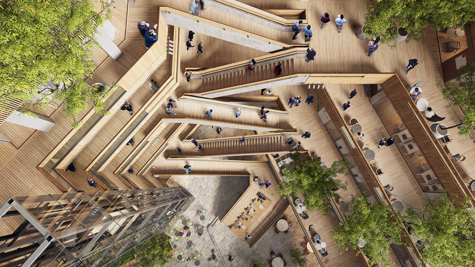 Jaunās mītnes sirds ir ātrijs — iekšpagalms, ap kuru izvietotās kāpnes un lifti ved uz ēkas augšējiem stāviem. © Foster&Partners Jaunās mītnes sirds ir ātrijs — iekšpagalms, ap kuru izvietotās kāpnes un lifti ved uz ēkas augšējiem stāviem. © Foster&Partners