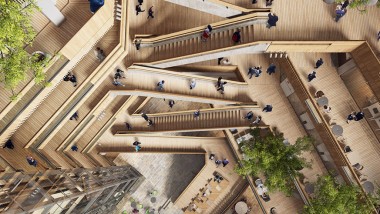 Jaunās mītnes sirds ir ātrijs — iekšpagalms, ap kuru izvietotās kāpnes un lifti ved uz ēkas augšējiem stāviem. © Foster&Partners Jaunās mītnes sirds ir ātrijs — iekšpagalms, ap kuru izvietotās kāpnes un lifti ved uz ēkas augšējiem stāviem. © Foster&Partners