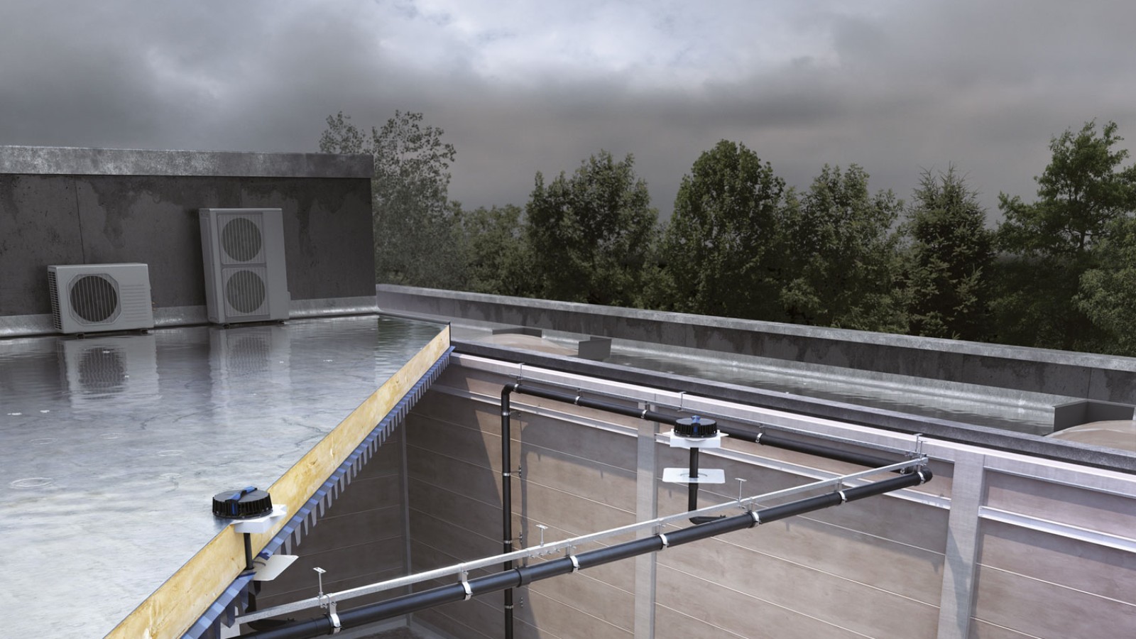 Pluvia lietusūdens noteksistēma spēj nodrošināt visa lietusūdens novadīšanu ar salīdzinoši nelielu skaitu noteku. © Geberit Pluvia lietusūdens noteksistēma spēj nodrošināt visa lietusūdens novadīšanu ar salīdzinoši nelielu skaitu noteku. © Geberit