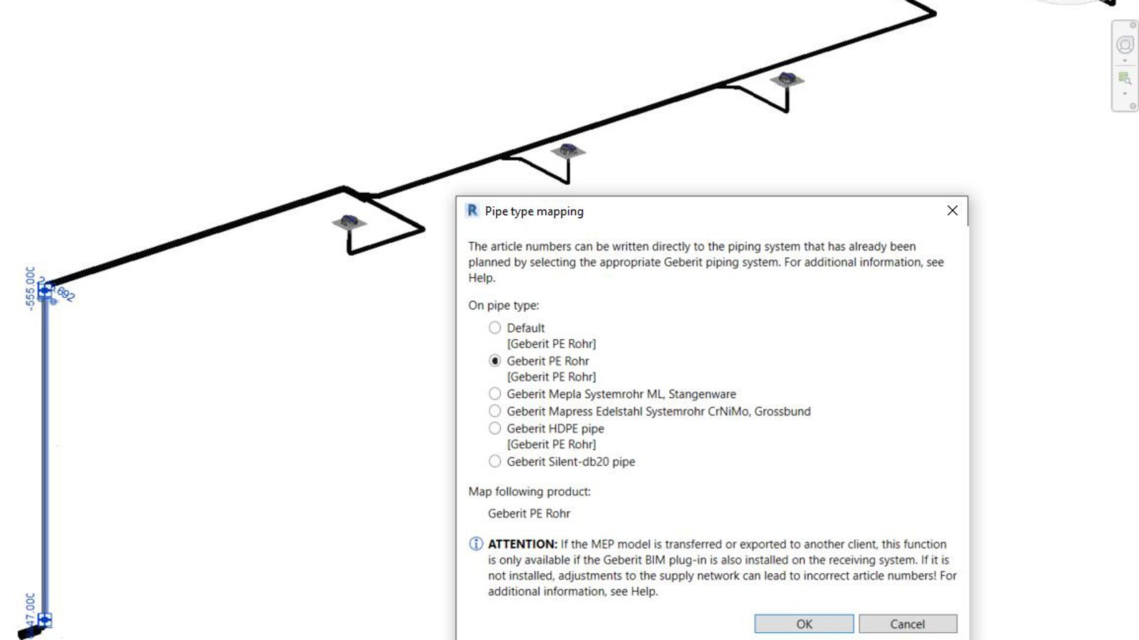 Artikula numura piešķiršana izvēlētajai sistēmas caurulei Geberit BIM spraudnī Artikula numura piešķiršana izvēlētajai sistēmas caurulei Geberit BIM spraudnī