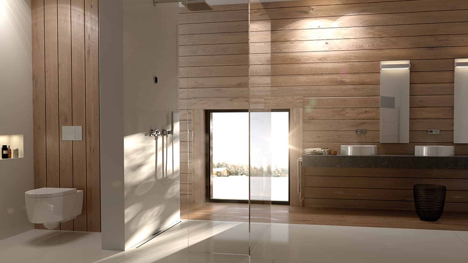 Vannas istaba ar Geberit sanitārā porcelāna tualetes podu, Geberit noskalošanas paneli Sigma70 un dušas noteku CleanLine Vannas istaba ar Geberit sanitārā porcelāna tualetes podu, Geberit noskalošanas paneli Sigma70 un dušas noteku CleanLine