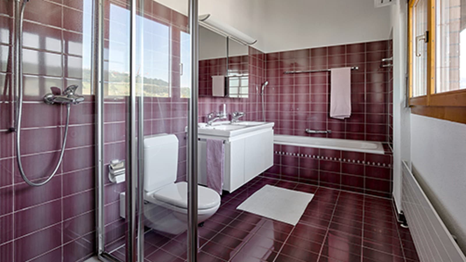 Vannasistaba pirms renovācijas ar sarkanām flīzēm Vannasistaba pirms renovācijas ar sarkanām flīzēm