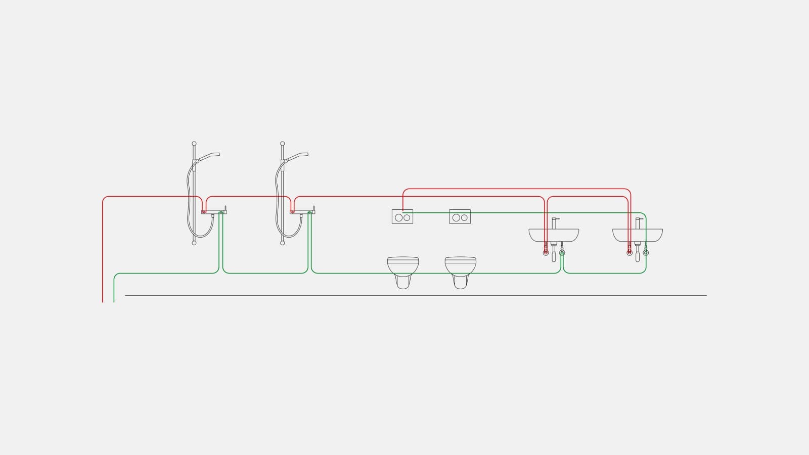 Piemērs dzeramā ūdens cauruļvadu intervālu regulēšanai, izmantojot Geberit sanitāro skalošanu, kas integrēta zemapmetuma skalojamā kastē Piemērs dzeramā ūdens cauruļvadu intervālu regulēšanai, izmantojot Geberit sanitāro skalošanu, kas integrēta zemapmetuma skalojamā kastē